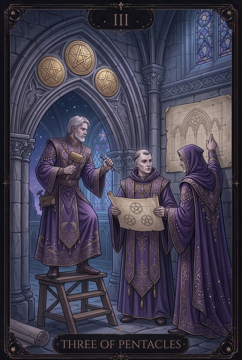 ไพ่ THREE OF PENTACLES ไพ่ชุด Pentacles