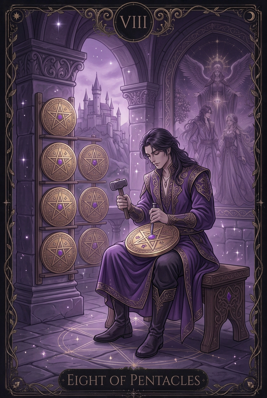 ไพ่ EIGHT OF PENTACLES ไพ่ชุด Pentacles